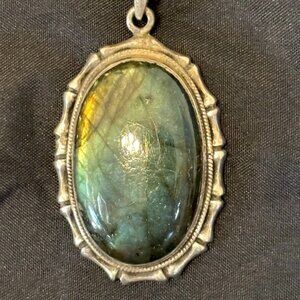 Vintage Iridescent Labradorite Pendant Necklace w/ Silver Chain